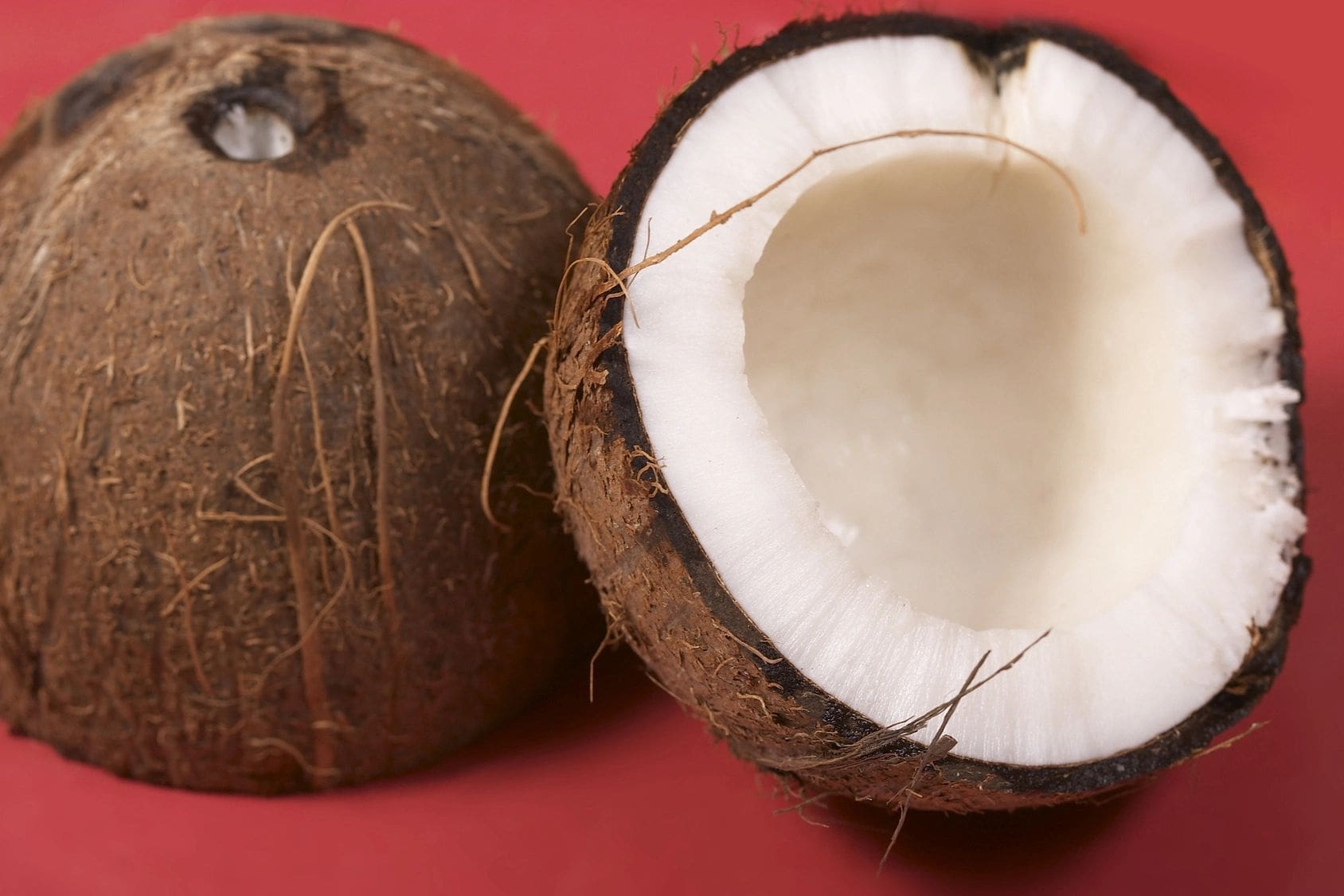 A close up of an open coconut on a table